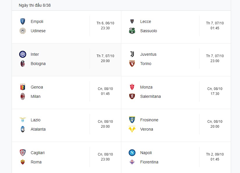 Lịch thi đấu vòng 8 trong Serie A 2023/2024